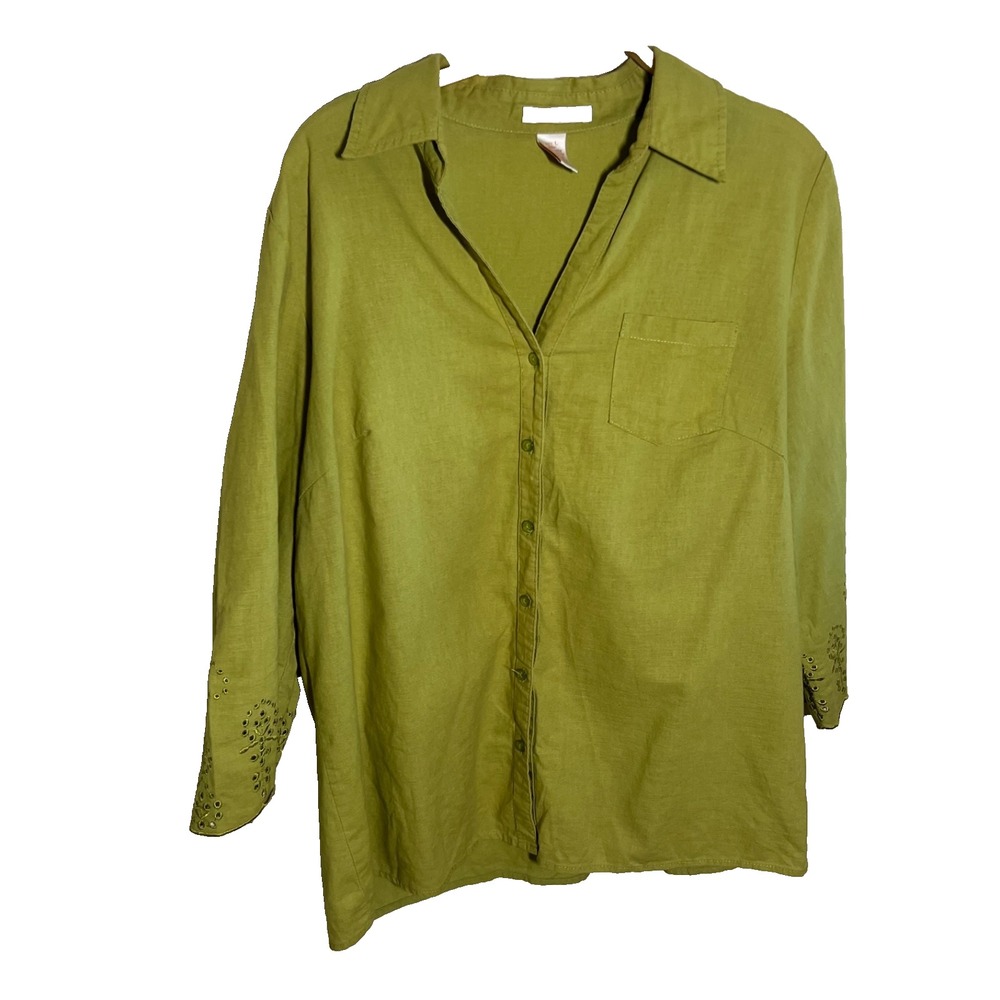 ZOE D. Women's Linen Blend Button Up M Lime Green Embroidered Crochet Resort - Picture 5 of 5